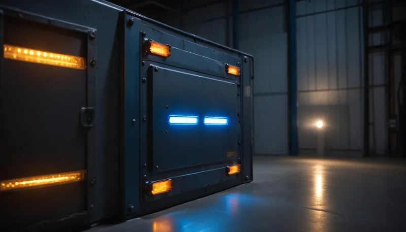A dark industrial vault door inside a dimly lit warehouse, glowing amber and blue LED indicators, suggesting hardened infrastructure that has been compromised